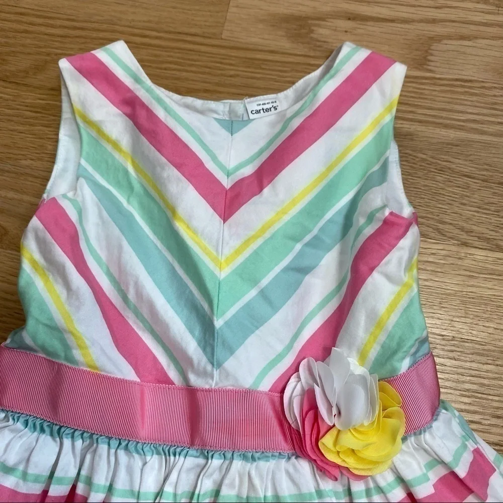 Carter’s Striped Summer Dress Floral Appliqué 3T Green Blue Pink White